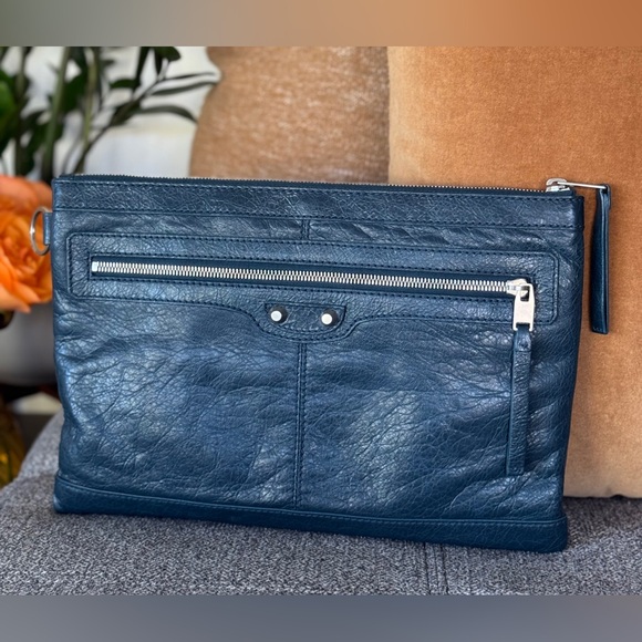 Balenciaga Handbags - Balenciaga Teal Blue Leather Classic Clip Clutch